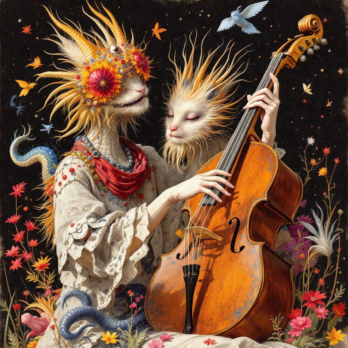 The primary subject of the image is a woman holding a cello, with a cat sitting on her shoulder. The setting is a garden, with a variety of flowers and butterflies visible in the background. The visual style is a combination of digital art and illustration, creating a whimsical and artistic atmosphere. The colors are predominantly pastel, giving the scene a soft and dreamy quality.
